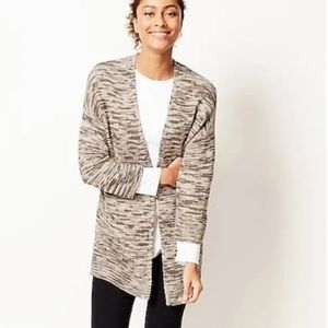 PURE JILL Open Cardigan Sweater Draped 3/4 Sleeves Marled Cream Tan Brown  L